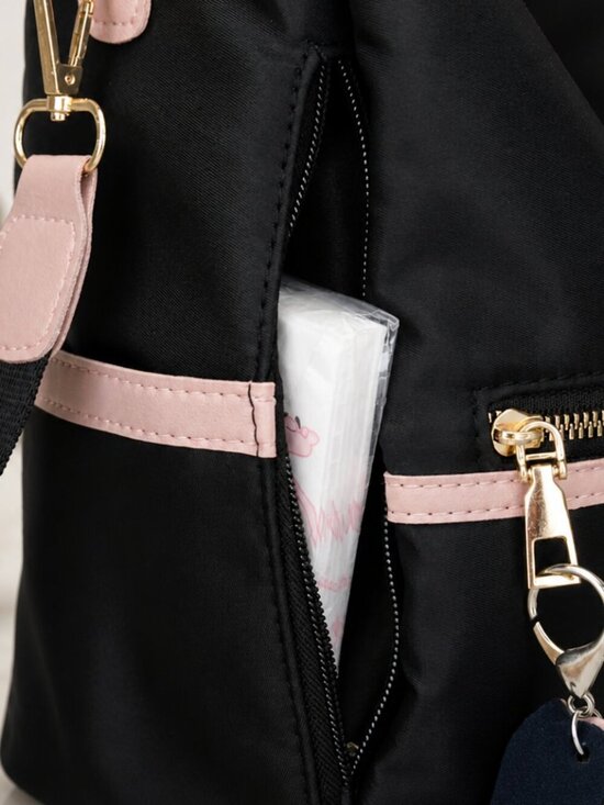 Anti-Theft Convertible Oxford Nylon Backpack Black Pink Cat Charm 3-Way Carry